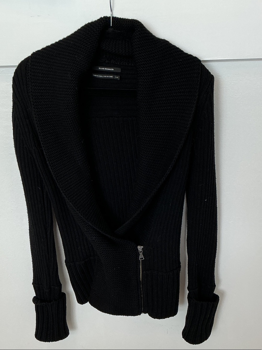 Club Monaco Black Shawl Collar Ribbed Zip Cardigan
